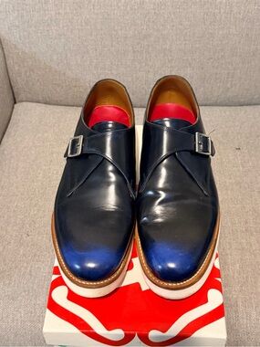 Grenson Navy Leather Monk Strap Shoes with Blue Toe
